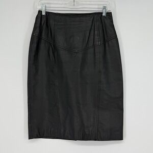 Vintage BYRNES & BAKER Black Leather Pencil Skirt Midi Zipper Back Size 12